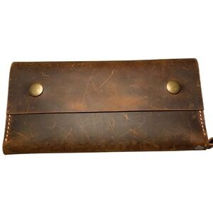 Distressed Genuine Brown Leather Long Wallet Snap Closure Card Holder Zip